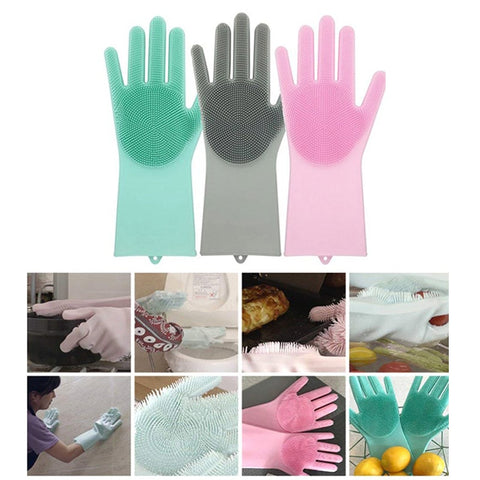 Image of A Pair Magic Silicone Scrubber Rubber Cleaning Gloves Dusting|Dish Washing|Pet Care Grooming Hair Car